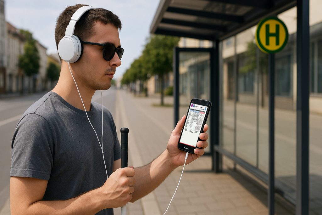 Ein blinder Mann steht an einer Bushaltestelle, hält seinen weißen Blindenstock in der einen Hand und sein Smartphone in der anderen. Über kabelgebundene Kopfhörer hört er sich den barrierefreien PDF-Fahrplan an, der auf dem Display angezeigt wird.