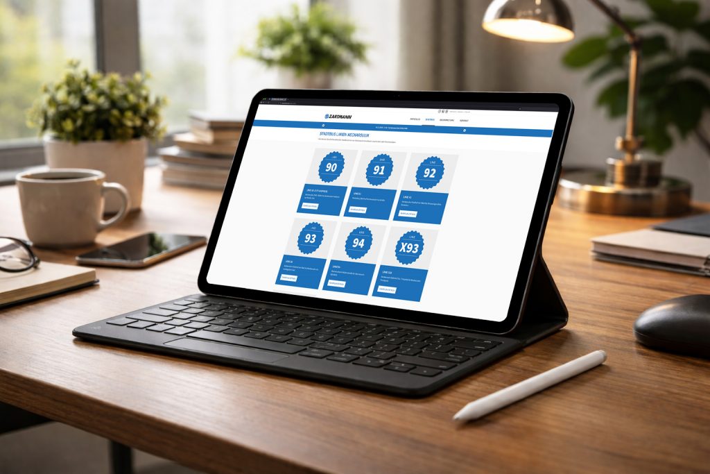 Tablet-Bildschirm auf modernem Schreibtisch mit geöffneter Zartmann Webfahrplan-Downloadseite.