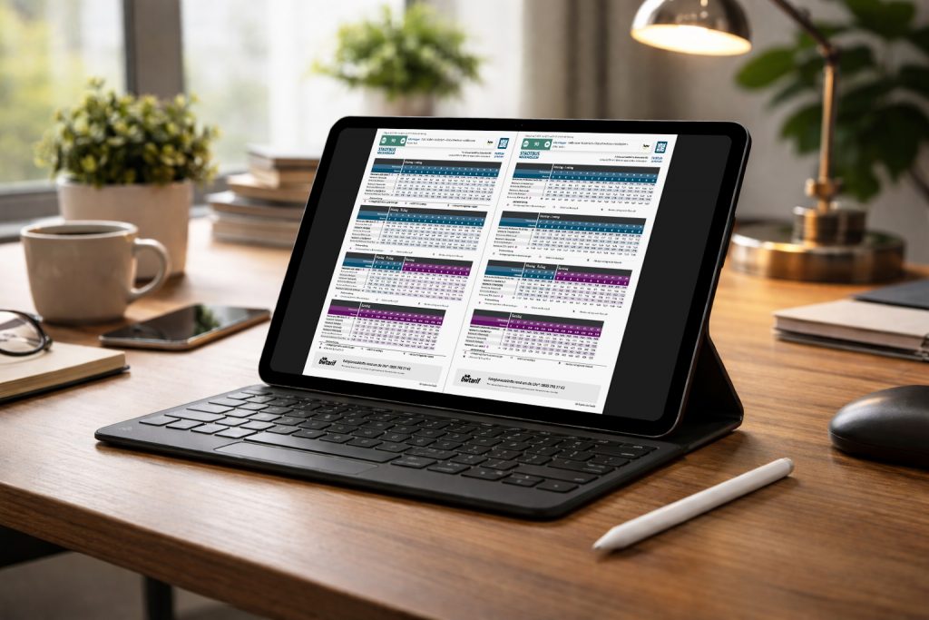 Tablet-Bildschirm auf modernem Schreibtisch mit geöffneten barrierefreiem PDF-Fahrplan der Linie 90 von Zartmann.