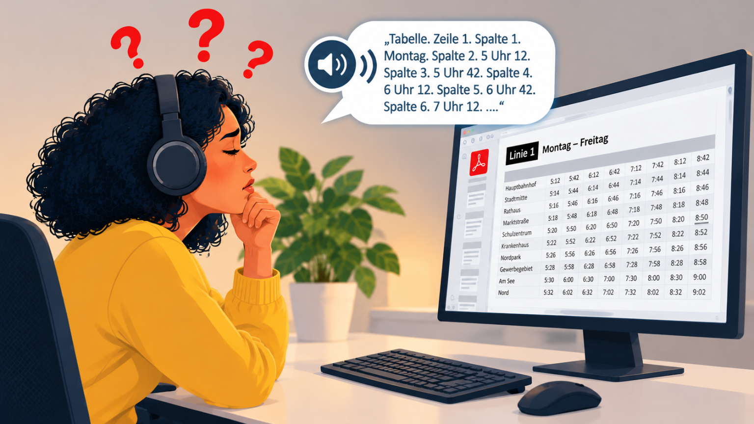 Blinde Frau hört über Kopfhörer einen PDF-Fahrplan mit dem Screenreader und wirkt aufgrund der komplexen Tabellenausgabe irritiert.