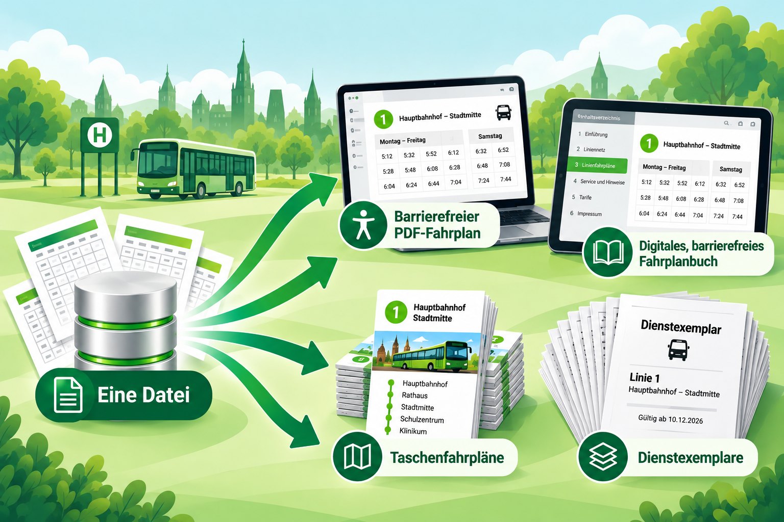 Aus einer Fahrplandatei entstehen verschiedene Medien: barrierefreier PDF-Fahrplan, digitales barrierefreies Fahrplanbuch, Taschenfahrpläne und Dienstexemplare.